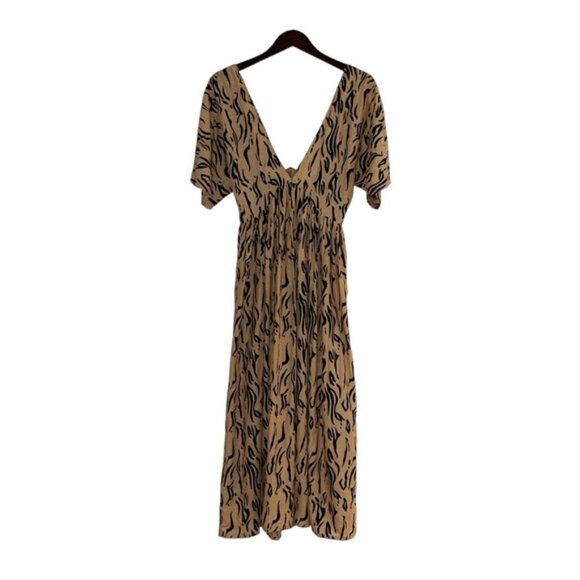 ASOS Maxi Dress Women’s Size 4 US Tan Beige Black Animal Print Knot Front V-Neck - Picture 9 of 12